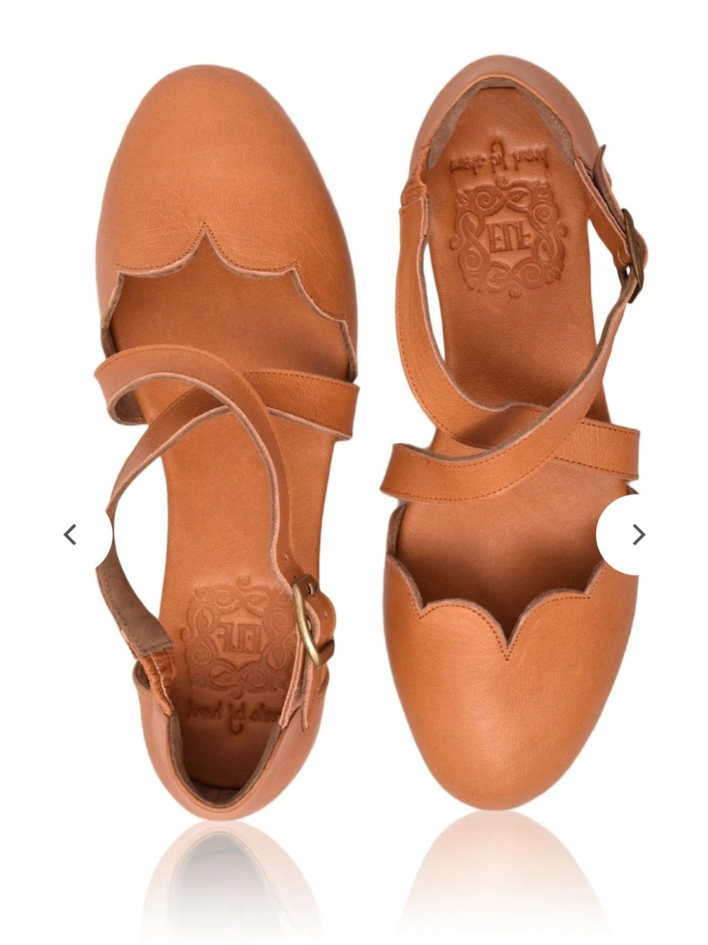 ELF Bali Mangrove Leather Ballet Flat 7.5 Camel Tan Scallope Cross Strap NEW